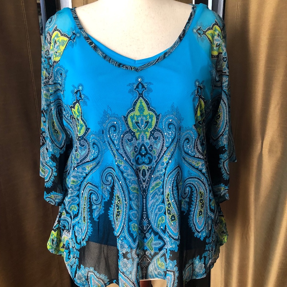 I-N-C Turquoise Silver Stone Designed Scarf Over Camisole